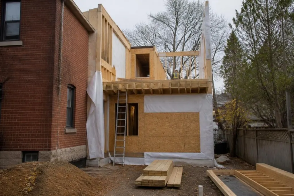A second-floor addition being framed on the side of a brick house, wrapped in sheathing, with a ladder and lumber on site