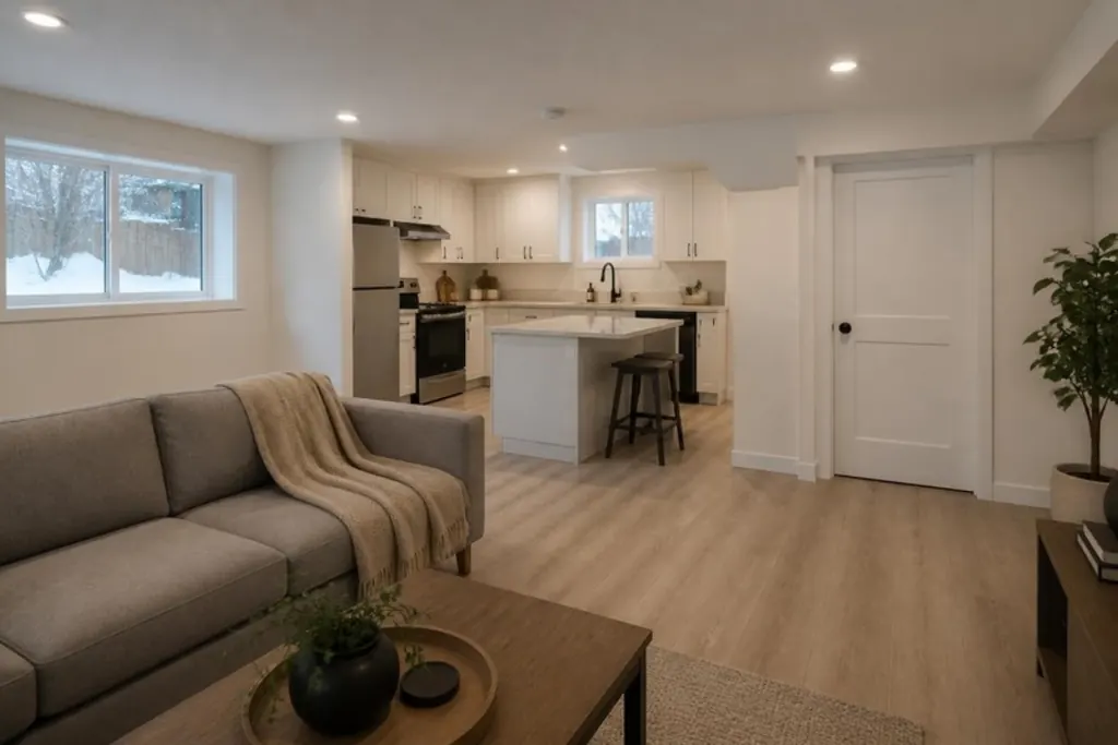 A finished basement suite with a living area in front and a kitchen with an island behind it