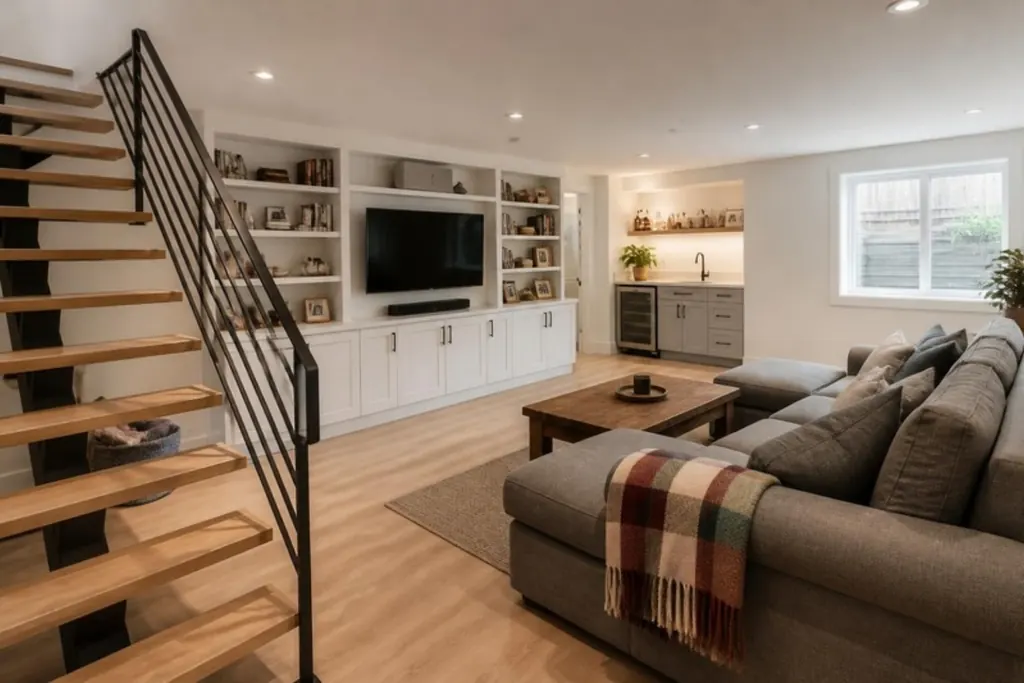 A finished basement family room with an open wood staircase, built-in shelving around a television, a grey sectional sofa and a bar nook