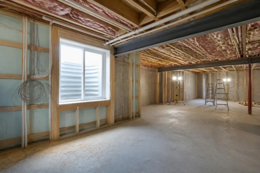 An open basement during renovation with a steel beam, insulated ceiling joists and a bright window