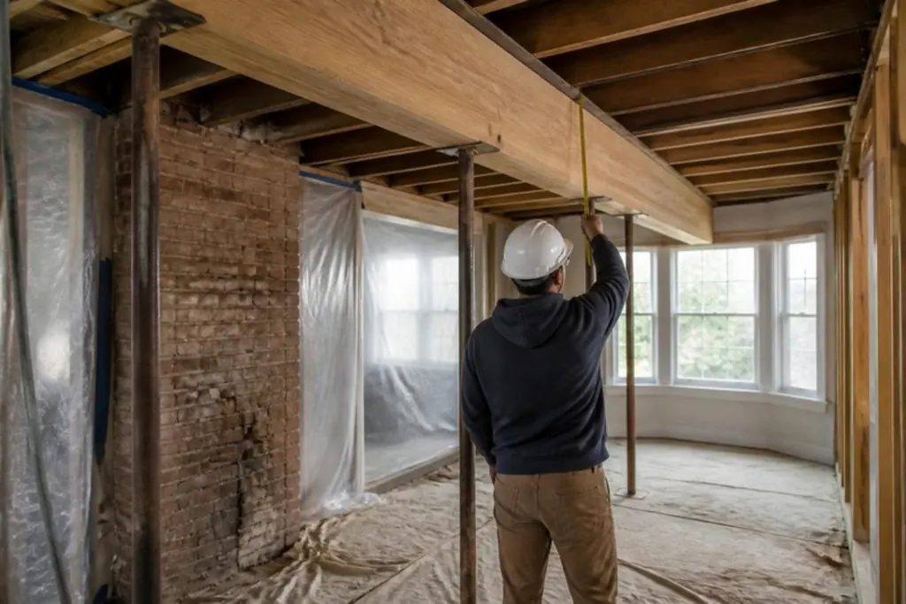A contractor in a hard hat, seen from behind, measuring a new beam in a basement ceiling