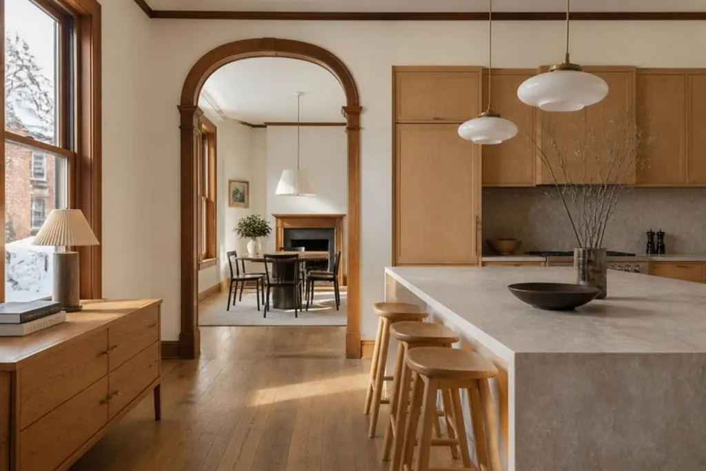 A renovated main floor in an older brick house: white oak kitchen cabinets, a stone island, wide-plank oak floors and a restored arched doorway to the dining room