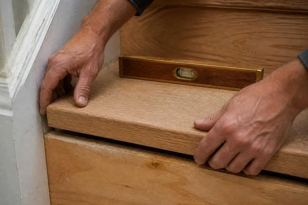 A carpenter's hands fitting a white oak stair tread beside a level