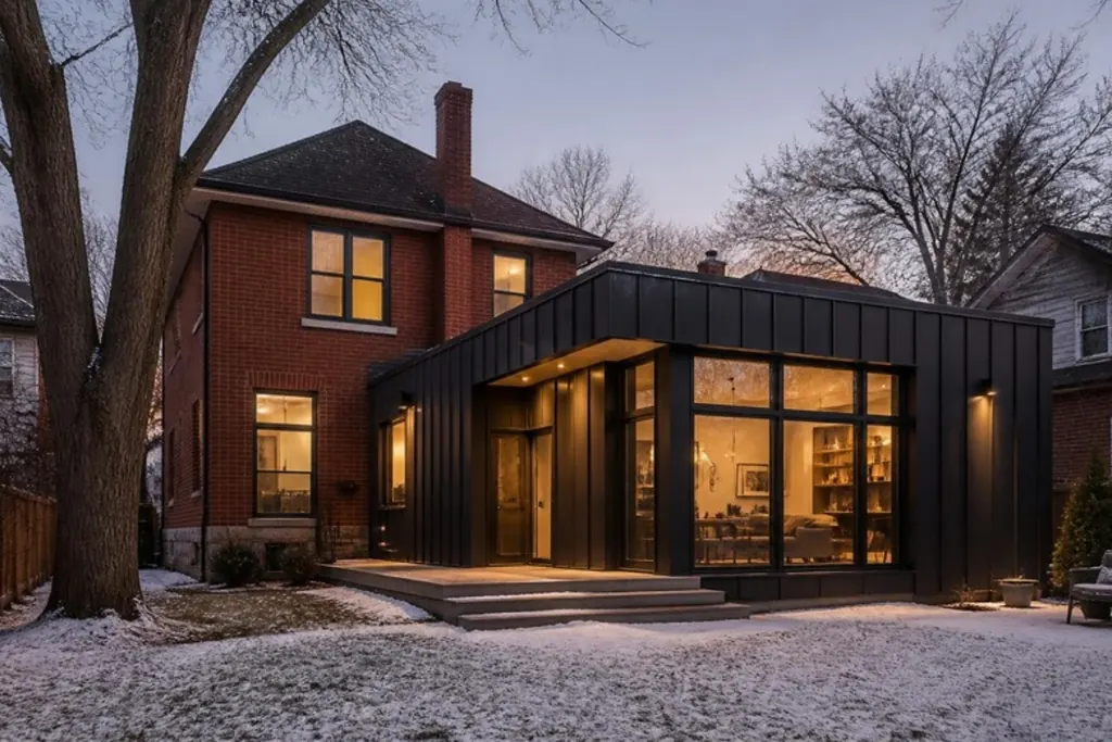 A renovated brick house at dusk with a modern rear addition clad in dark metal and large windows, snow on the lawn