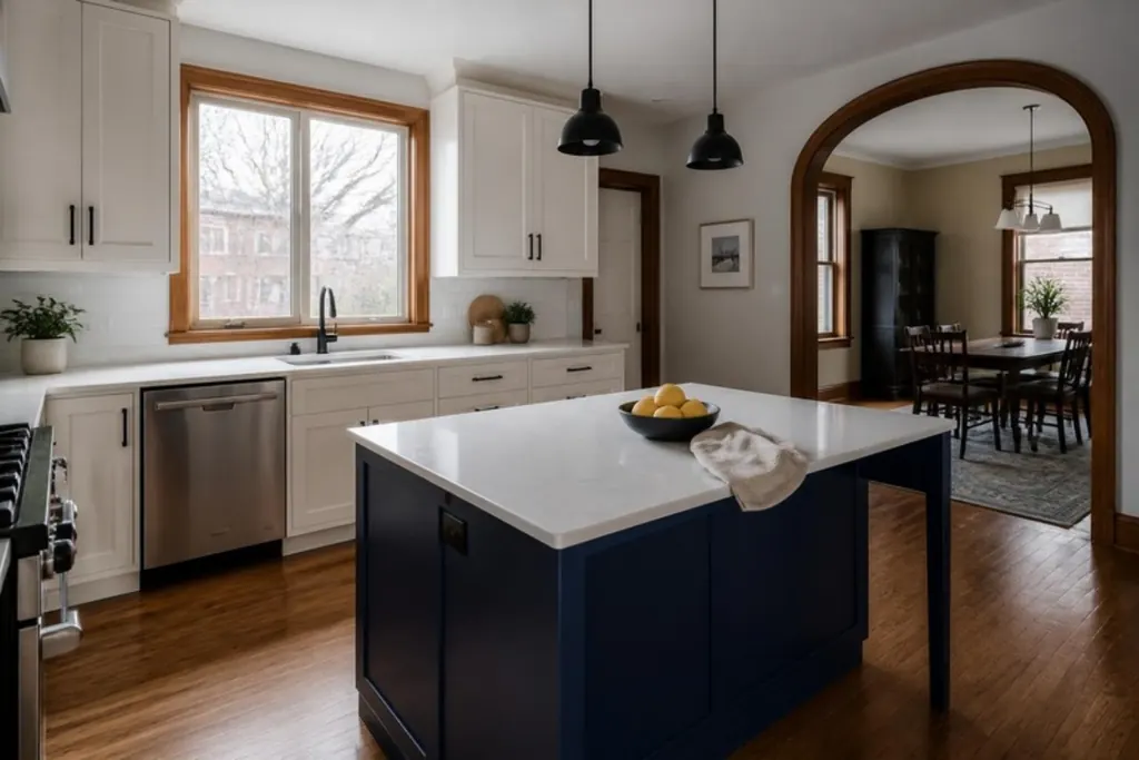 A renovated kitchen with white cabinets, a navy island with a white counter, wood floors and an arched opening to the dining room