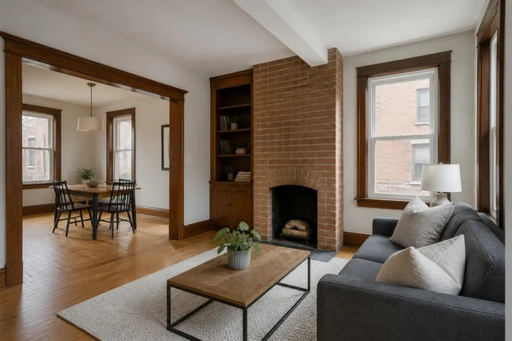 The main floor of an older brick home with original wood trim, a brick fireplace and arched openings