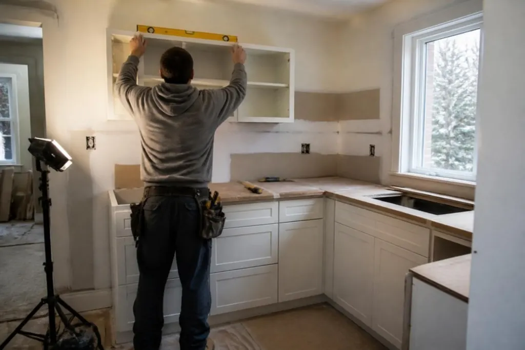 A carpenter, seen from behind, levelling a wall cabinet in a kitchen under renovation