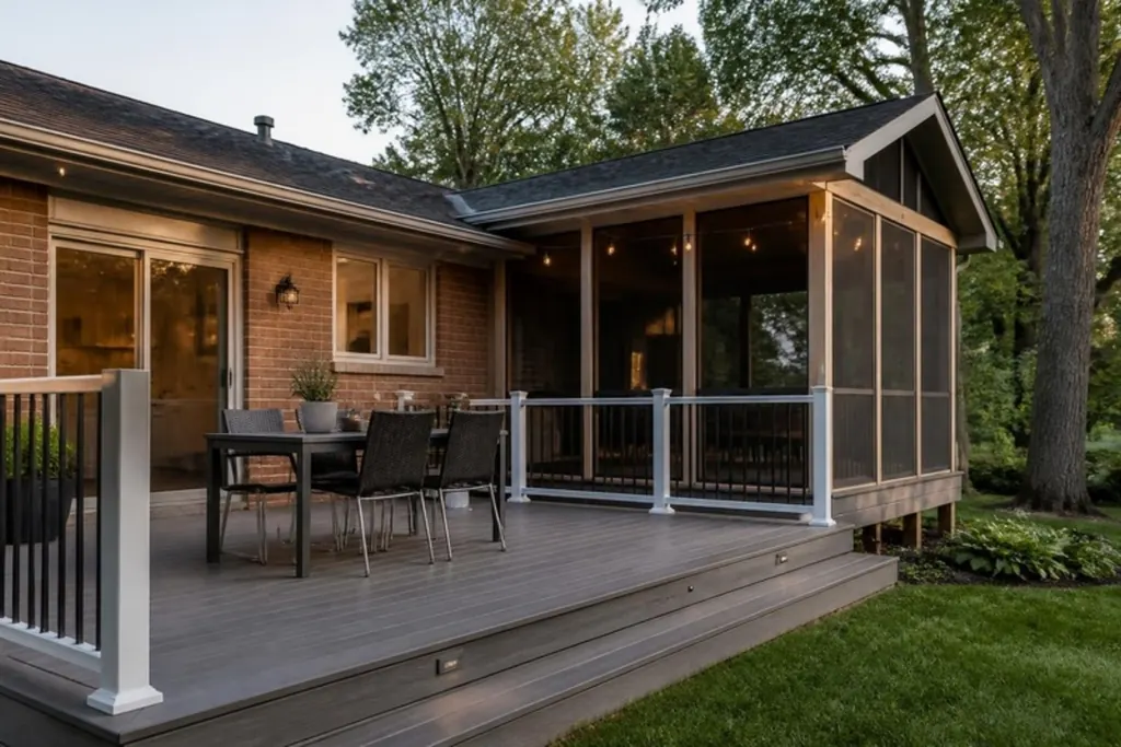 A composite deck with railings and a screened porch at one end, lit in the evening behind a brick house