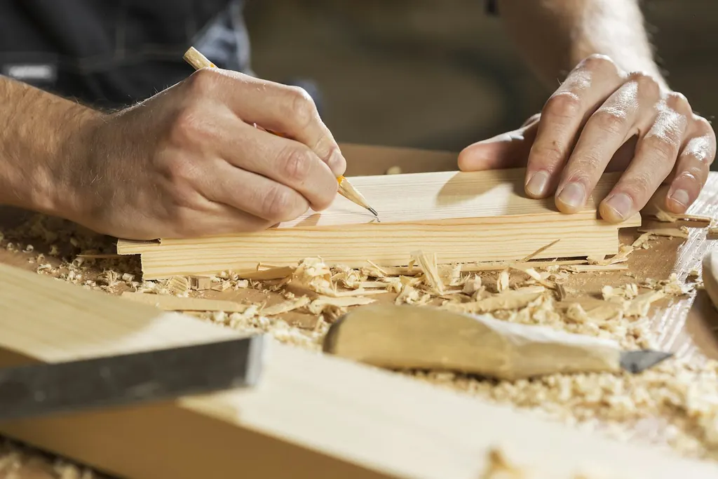 Hands marking a board with a pencil among wood shavings