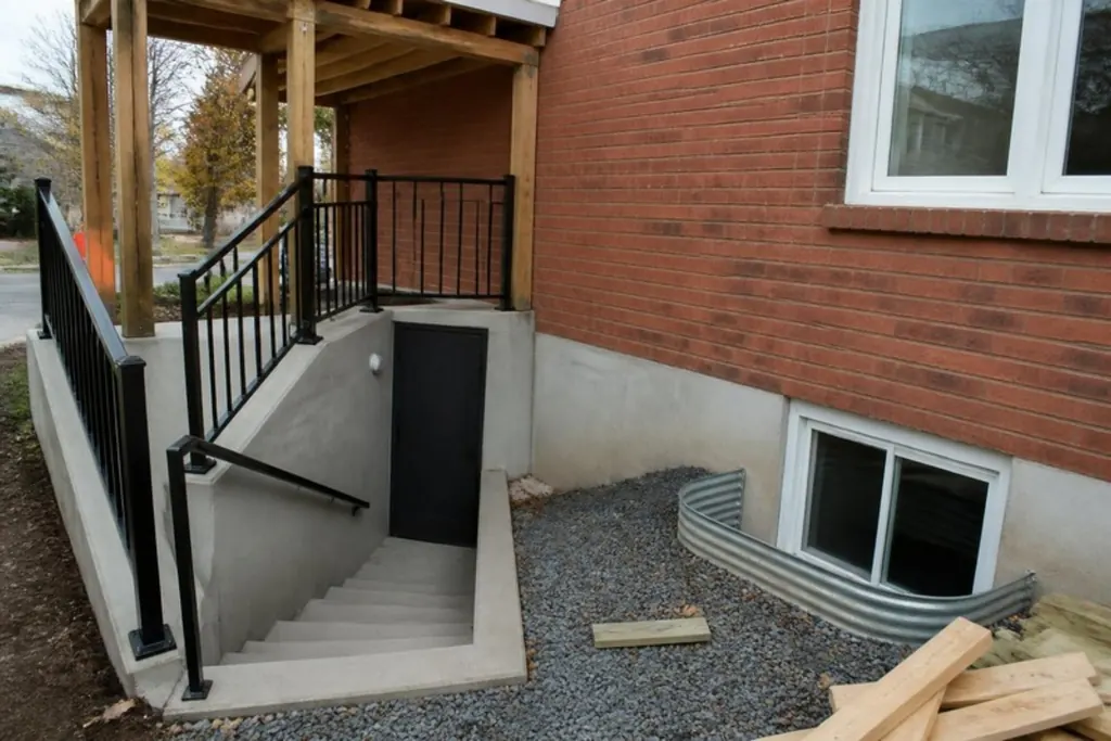 A new concrete stair down to a basement suite entrance beside a brick house, with a black railing and an egress window well