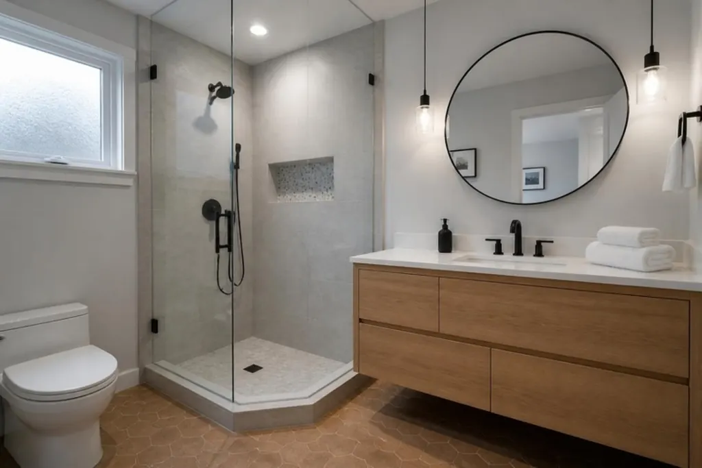 A renovated ensuite with a glass walk-in shower, a floating wood vanity, a round mirror and a warm tile floor